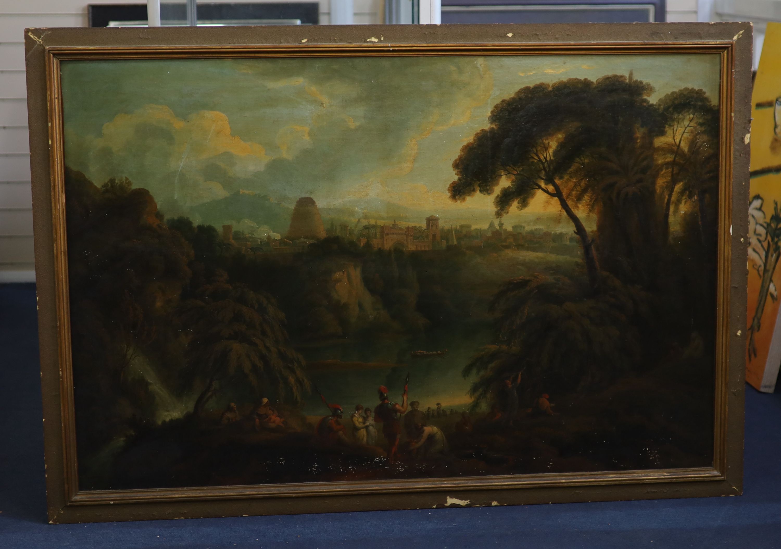 J. Janvers (18/19th C), Italianate landscape with Roman figures in the foreground and a city beyond, Oil on canvas, 90 x 136cm.